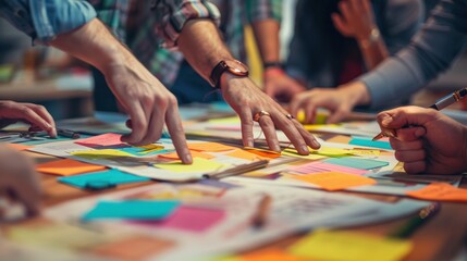 Obraz premium Close-up of Hands Collaborating on a Project with Sticky Notes