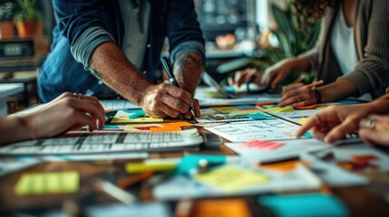 Close-up of Hands Collaborating on a Project with Sticky Notes and Sketches