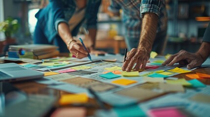 Obraz premium Two People Collaborating on a Project with Sticky Notes and Pens