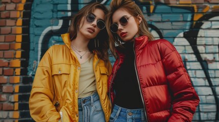Two women posing together in front of a vibrant urban backdrop