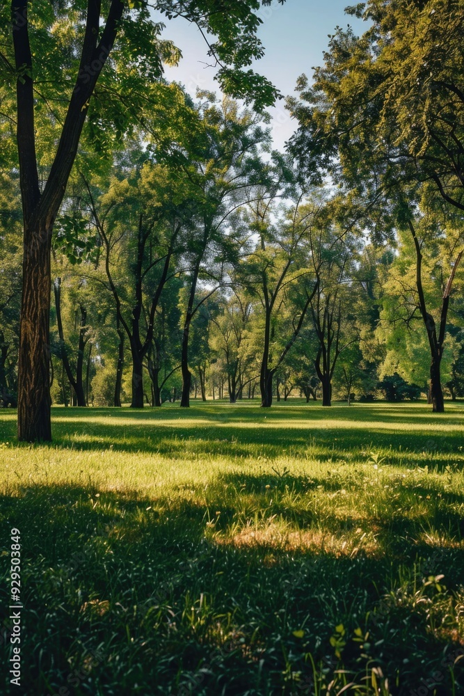 Poster A peaceful scene of a grassy field with trees in the background, suitable for outdoor and nature-themed projects