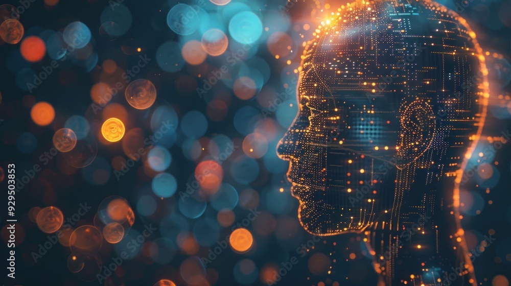 Poster conceptual artificial intelligence human head on bokeh background representing technology advancemen
