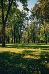 Naklejka premium A peaceful scene of a grassy field with trees in the background, suitable for outdoor and nature-themed projects
