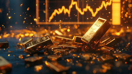 dramatic scene with gold bars scattered on the floor, a shattered stock market graph in the background.