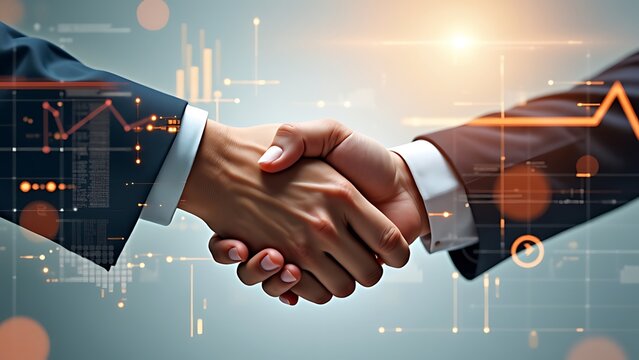 Deal. business man shaking hands with effect global network link connection and graph chart of stock market graphic diagram, digital technology, internet communication, teamwork, partnership concept