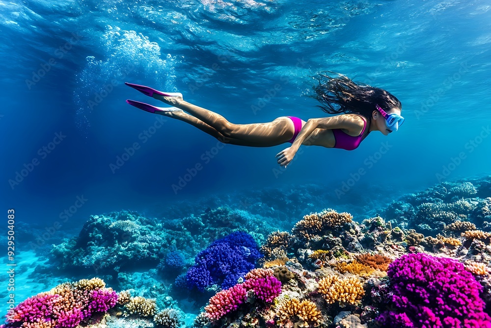 Wall mural Woman with snorkeling mask in the tropical reef