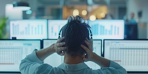 A person feeling overwhelmed by a complicated spreadsheet, rubbing their temples in frustration, with a blurred office environment in the background. 