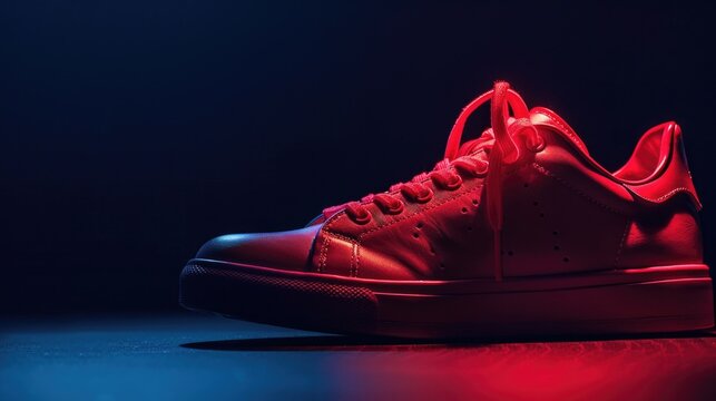 A close-up shot of a pair of bright red sneakers sitting on a sleek black surface - Powered by Adobe