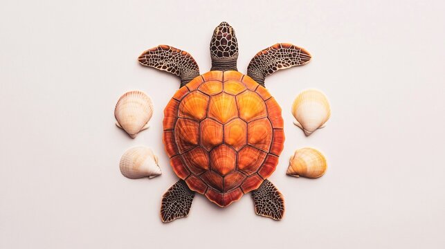 A vibrant turtle surrounded by seashells, showcasing marine life and nature's beauty.