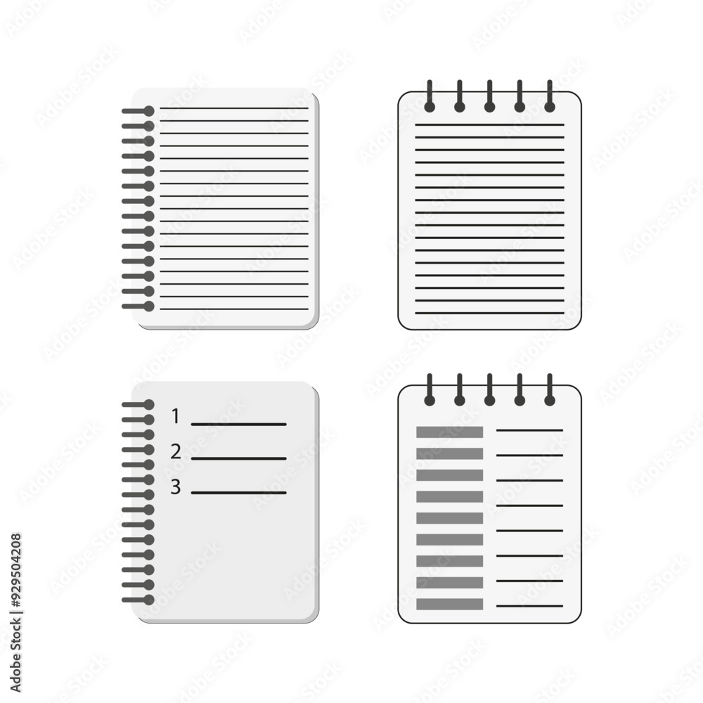 Poster Notebook icons set. Vector illustrations. Spiral bound pages. Organized lists.