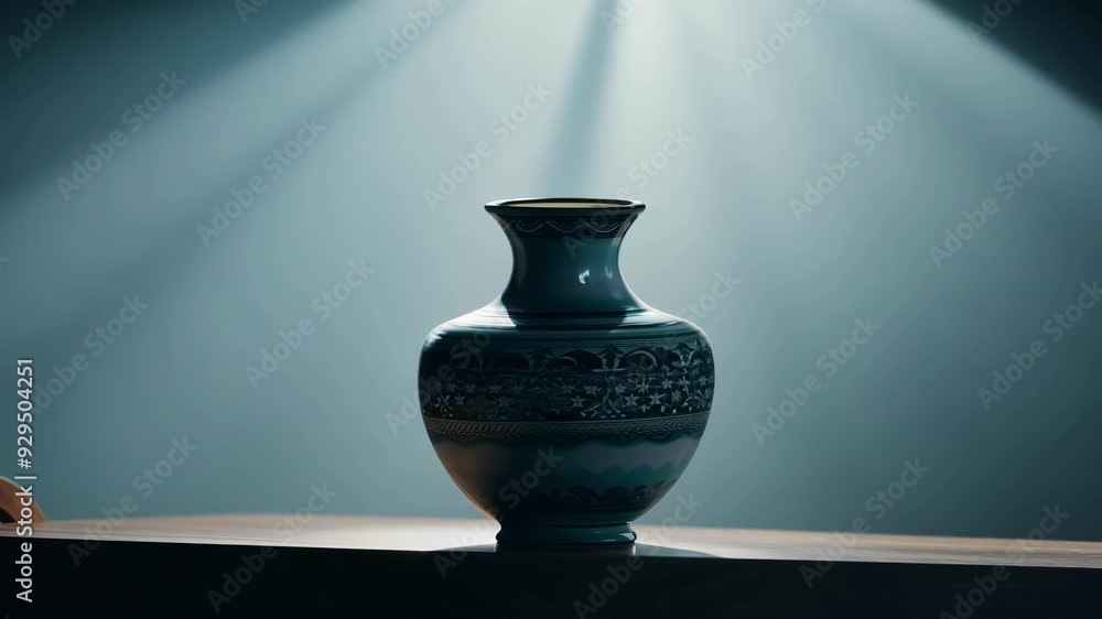 Poster blue and white vase with ancient chinese design is standing on a table in a spotlight, creating a sp
