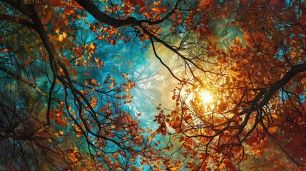 Golden and Blue Autumn Leaves Through Forest Canopy