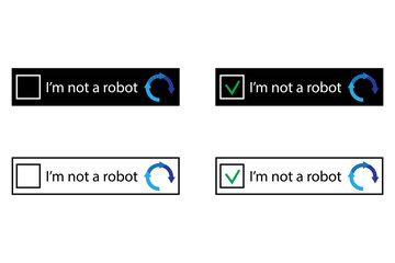 Captcha verification icons. I am not a robot text. Blue arrows and checkmark details. Black and white color scheme.