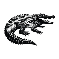 Fototapeta premium silhouette of Crocodile, filled with river view in rough drawing, animal,
