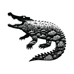 Fototapeta premium silhouette of Crocodile, filled with underwater view with coral in rough drawing, animal,