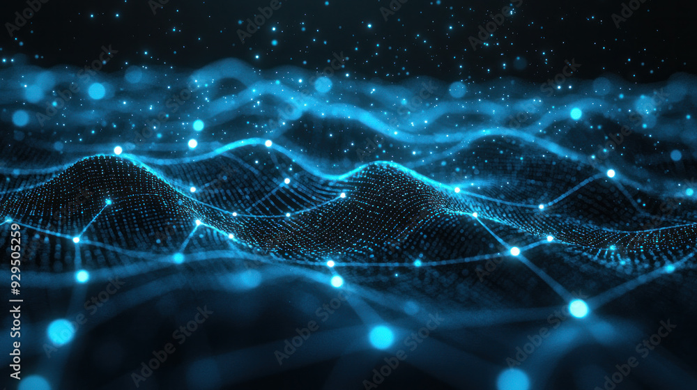 Poster a blue wave with a lot of dots on it. the dots are connected to each other, creating a pattern. the 