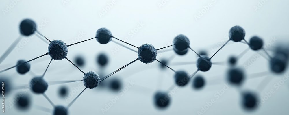 Poster a close up of a bunch of small spheres connected by strings. the spheres are all different sizes and