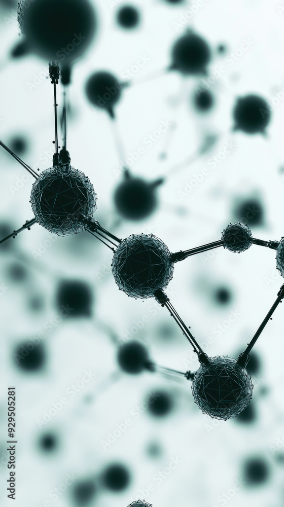 Poster a close up of a bunch of small black spheres. the spheres are connected by strings, and the image is