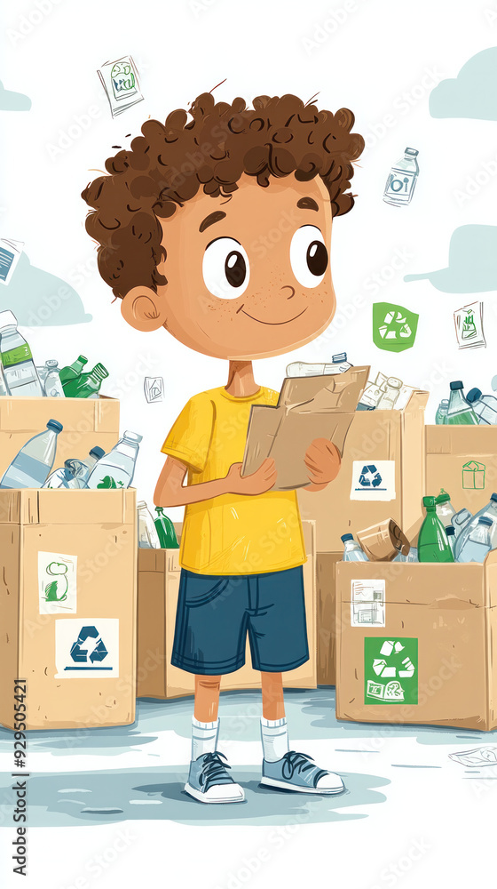 Poster a boy is holding a clipboard and standing in front of a pile of trash. the trash is made up of vario