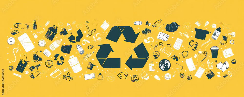 Poster a yellow background with a green recycle sign in the middle. the background is filled with various o