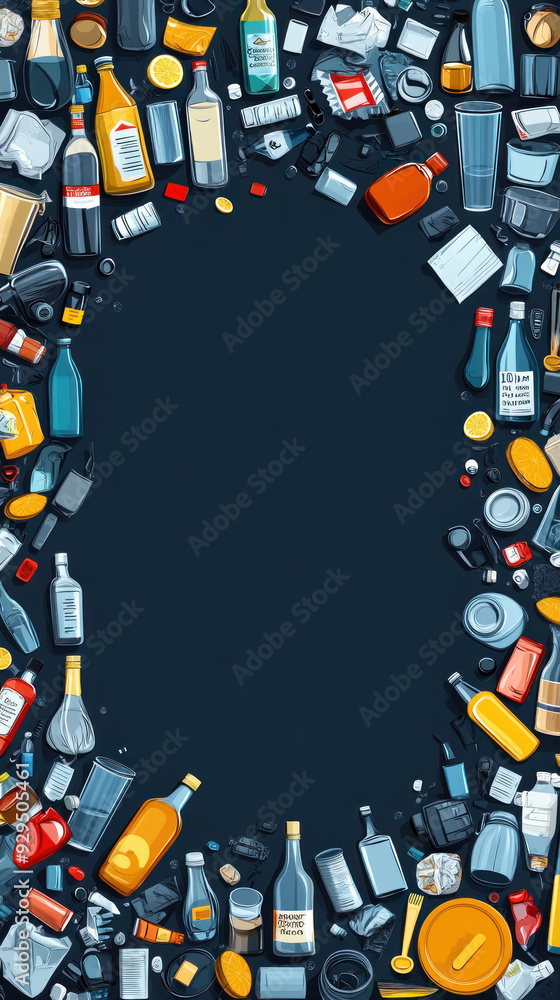 Poster a blue background with a bunch of bottles and other objects. the bottles are of different sizes and 