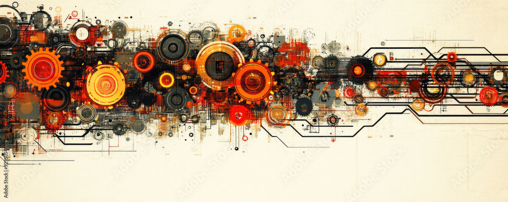 Poster a colorful image of gears and wires with a white background. concept of complexity and interconnecte