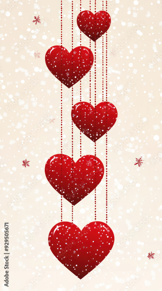 Poster a row of red hearts hanging from a string. the hearts are all different sizes and are spaced out eve