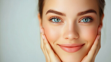 A woman with blue eyes and a pinkish tint to her lips. She is smiling and has her hands on her face