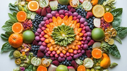 Fruit and vegetable food art shaped into a vibrant mandala, with intricate patterns and rich colors, displayed on a white background.