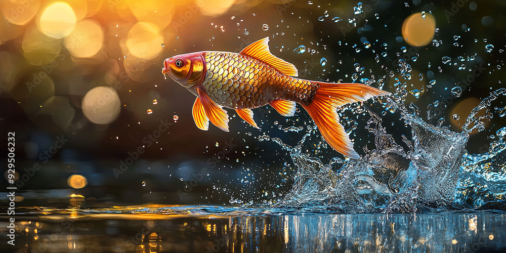 Wall mural A golden carp leaping out of the water, generative AI