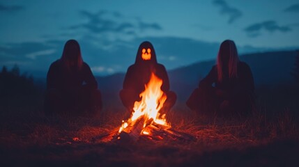 Captivating nighttime scene of a crackling campfire surrounded by silhouetted figures deep in the wilderness as they share chilling ghost stories and tales of the supernatural