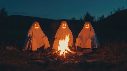 A group of friends gathered around a roaring campfire in the dark forest on a chilly Halloween night sharing thrilling ghost stories and tales that sent shivers down their spines