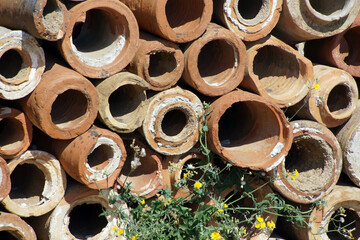 Ancient terra cotta pipe sections used for drains in the Roman c