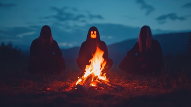Captivating nighttime scene of a crackling campfire surrounded by silhouetted figures deep in the wilderness as they share chilling ghost stories and tales of the supernatural