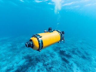 A bright yellow underwater drone explores the ocean depths, showcasing advanced technology in marine research.