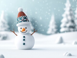 A cheerful snowman in a knitted hat stands in a snowy winter wonderland, with pine trees in the background.