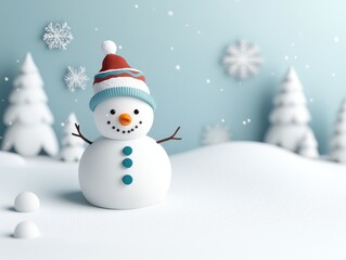 Fototapeta premium A cheerful snowman wearing a colorful hat stands in a snowy winter wonderland. The background features snowy trees and falling snowflakes.