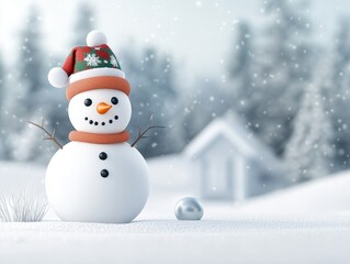 Fototapeta premium A cheerful snowman wearing a red and white hat and scarf stands in a snowy landscape, with a small house in the background.