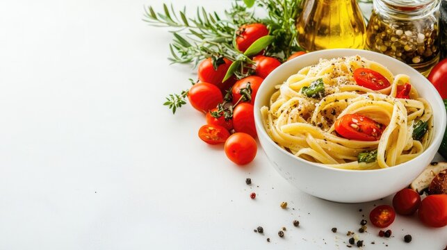 A bowl of whole-grain pasta with vegetables and olive oil on a white background, with space for promotional content.