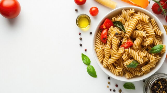 A bowl of whole-grain pasta with vegetables and olive oil on a white background, with space for promotional content.