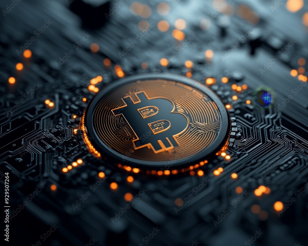 Poster a close-up of a gold bitcoin coin on a circuit board, symbolizing the digital currency's connection 