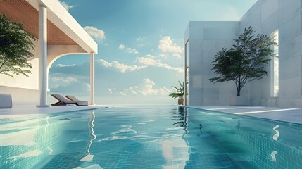 A serene poolside view with modern architecture and lush greenery under a bright sky.