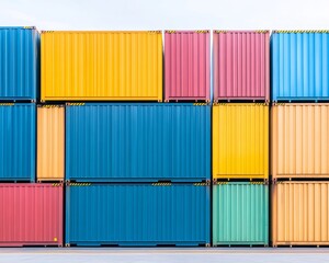 Fototapeta premium A colorful stack of shipping containers against a white background.