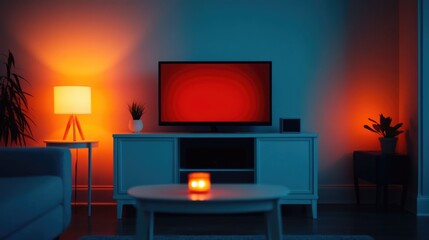 Cozy and Inviting Halloween Movie Viewing Setup with Warm Orange and Cool Blue Lighting Creating a Mysterious Eerie Atmosphere Perfect for a Scary Movie Marathon or Horror Film Night