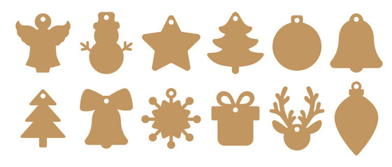 Set of Christmas gift tags vector templates for cutting. New Years and winter holiday tag stencils. Craft paper or cardboard label for gift wrapping