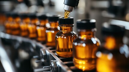 Close-up of an automated bottling line filling containers with a liquid product.