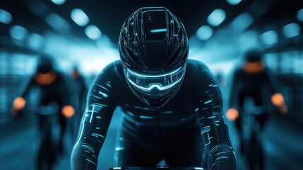 Naklejka premium A futuristic cyclist wearing advanced gear races in a high-tech environment, symbolizing cutting-edge sports technology and competitive innovation.