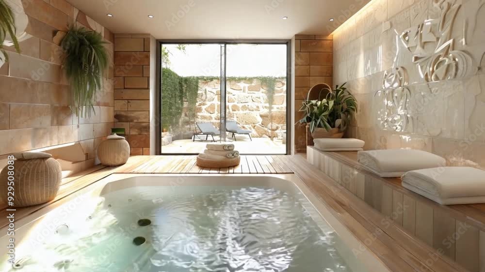 Poster a tranquil spa features a bubbling hot tub surrounded by wooden elements and lush greenery, creating