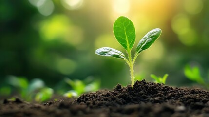 Fototapeta premium Young Sprout Growing in Soil Against Green Background
