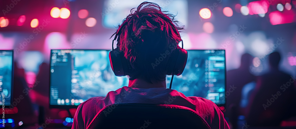 Aufkleber a man is sitting in front of a computer with a headset on